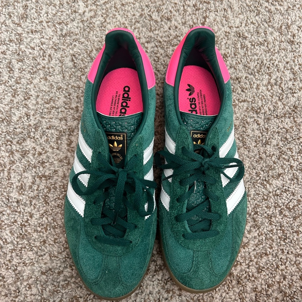 Green and pink Adidas Gazelle sneakers